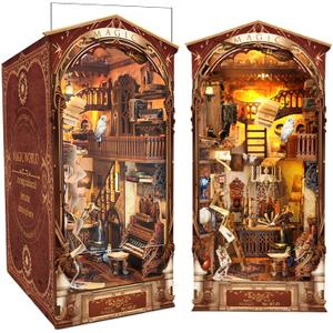 CRIOLPO Book Nook Kit - DIY Doll House Wooden Miniature House Kit, Book Nook Miniature Kit for Adults Teens, 3D Wooden Puzzle Bookshelf Insert Kits with Sensor Led Light