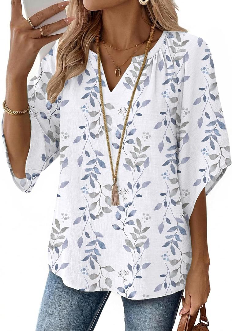 Zeagoo Womens Top 3/ 4 Sleeve V Neck Bohemian Peasant Blouses Casual Loose Fit Tunic Trendy Flowy Tops Blue Leaf XL