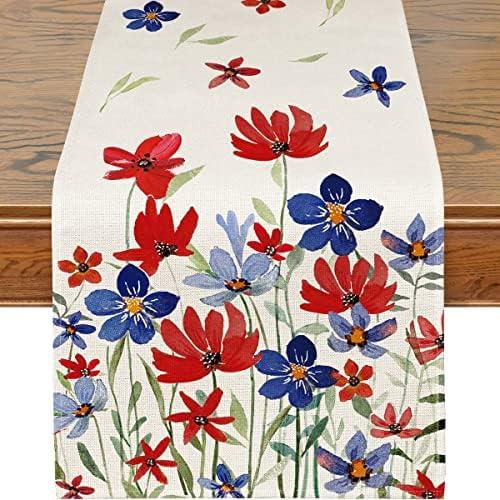 Siilues Patriotic Table Runner, Memorial Day Decor Floral Table Runner 4th of July Decorations for Home Vintage Patriotic Table Runner Independence Day Home Party Table Decorations (13'' x 90'')