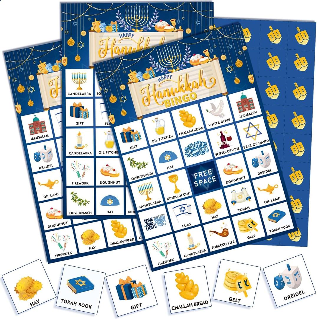 Liliful 35 Pcs Hanukkah Bingo Games Menorah Bingo Card for Adults Kids 24 Players Hanukkah Party Card Game Set Hanukkah Bingo Calling Cards for Teens School Family Hanukkah Party Games Favor Supply