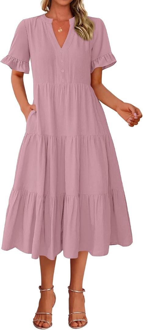 BTFBM Summer Dresses for Women 2025 Vacation V Neck Loose Short Sleeve A Line Tiered Flowy Casual Midi Beach Dress (Pink, S)
