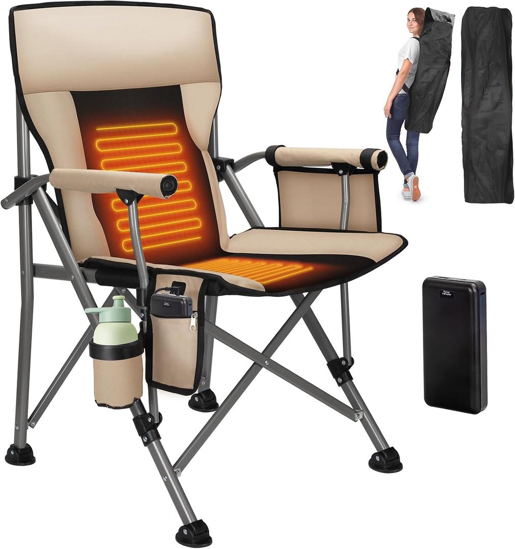 Heated Camping Chair with 20,000 mAh Battery, Loog-Lasting for 500 Mins, Fully Padded Heated Camp Chairs, Heavy Duty Folding Chairs Supports 500 lbs for Winter Camping, Picnics, Tailgating, RV Travel, 20.5in x 17in x 41.5in