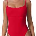QINSEN Womens Seamed Cup Spaghetti Straps One Piece Bathing Suits Tummy Control Cheeky Swimsuit (Large, Red)
