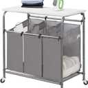 STORAGE MANIAC 3-Section Laundry Sorter with Foldable Ironing Board, Heavy-Duty Rolling Laundry Cart with and Removable Bags, Triple Laundry Hamper with Wheels, Dark Grey