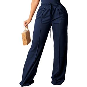 PINSV Women's Casual Wide Leg Pants High Waisted Drawstring Baggy Sweatpants Elastic Straight Leg Lounge Pants (Medium, Navy Blue)