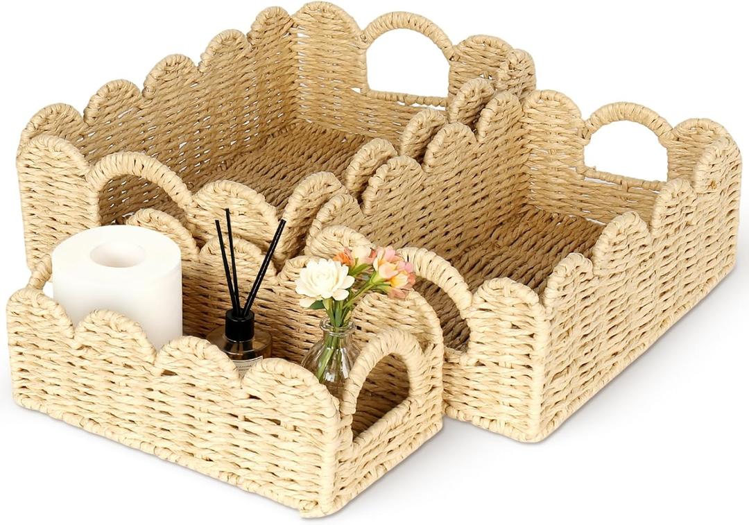 Hand Woven Paper Rope Scalloped Edge Decor Baskets for Home,Living Room, Bedroom,Storage over Above Behind Flush Tank,Toilet Basket,end Table,Shelves-Easily Fit with or Bedroom Decor,Set 3(Natural)