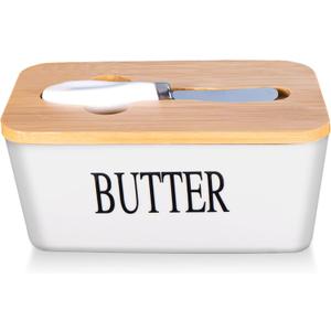Covered Butter Tray – Large Countertop Butter Dish | High-Quality Silicone-Sealed Ceramic Butter Container with Stainless Steel Knife | White Kitchen Storage & Decorative Gift