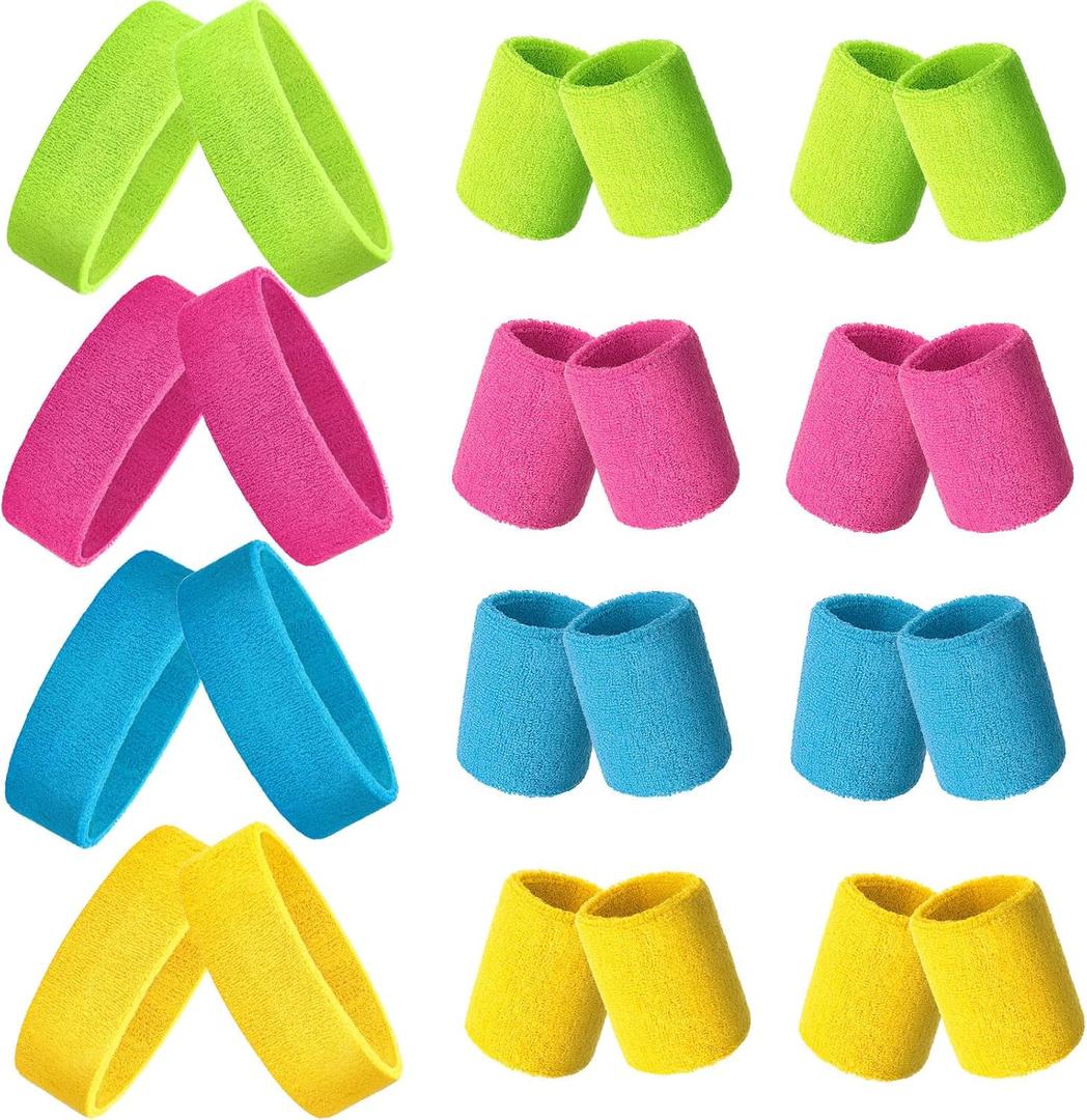 24 Pieces 80s Neon Sweatbands Set, Include 8 Sports Headbands and 16 Sweat Wristbands Elastic Athletic Tennis Sweat Bands Bulk for Man Woman (Rose Red, Sky Blue, Fluorescent Yellow, Yellow)