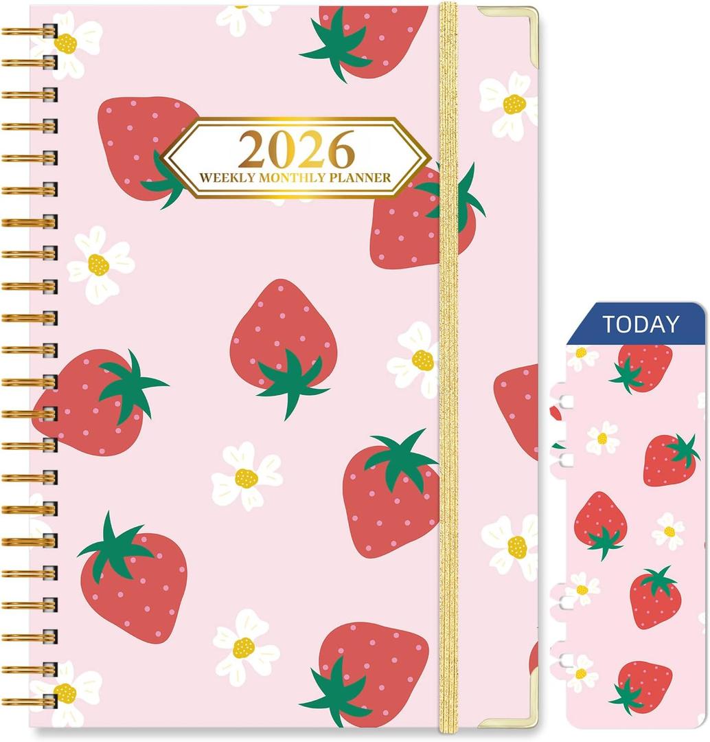 2026 Planner, Jan.2026 - Dec.2026 Planner Weekly and Monthly 6.25"x8.5" with Page Tabs, Calendar Hardcover with Inner Pocket, Elastic Band, Twin-Wire Binding, Bookmark, Cute Strawberry