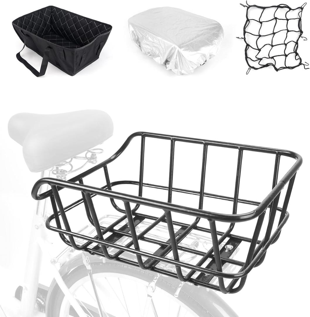 Bike Basket Rear, Large Bicycle Basket with Cargo Net, Liner and Waterproof Cover for Electirc Bike, Ebike and Bikes, Large Capacity Wire Bakset, 12.2"d X 16.9"w X 7.1"h