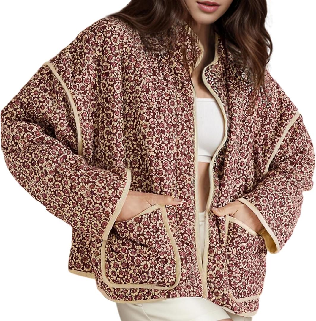 Wyeysyt Women's Cropped Puffer Jacket Lightweight Floral Print Long Sleeve Padded Quilted Puffy Cardigan Coat (Red), S