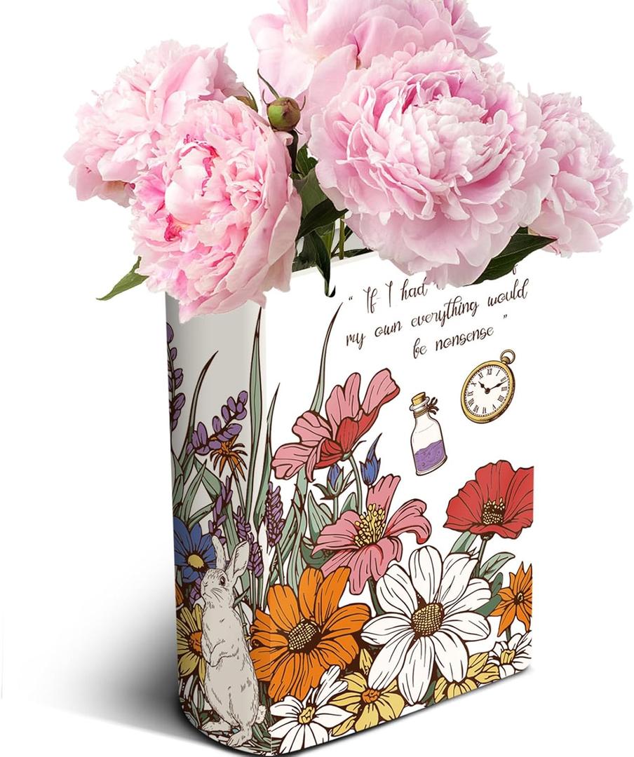 Large Ceramic Book Vase for Flowers Book-Shaped Decorative Vase Bookshelf Decor Unique Vases for Home Bedroom Office Decor Alice's Adventures in Wonderland - Floral Nonsense