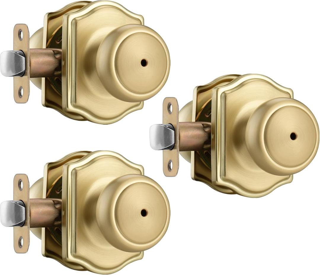 3 Pack Gold Door Knobs with Camelot Trim,Interior Door Knob with Lock,Coastal Privacy Door knob for Bath and Bedroom, Satin Brass