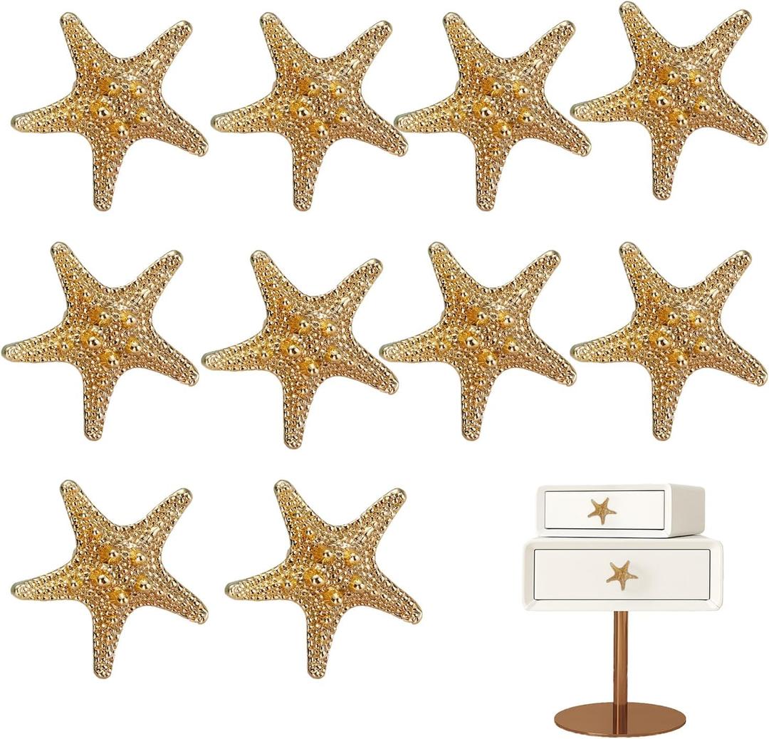 10 Pcs Gold Cabinet Knobs,Zinc Alloy Starfish Drawer Knobs,Cabinet Hardware,for Drawer Bathroom Closet Wardrobe Dresser Cabinet (Starfish)