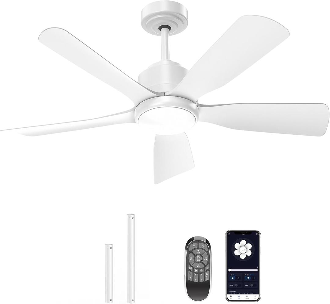 Onffo 42 Inch Ceiling Fan with Light & Remote, Low Profile White Ceiling Fan, Quiet, Dimmable LED, Reversible DC Motor, APP Control, Timer, for Bedroom Indoor/Outdoor Use