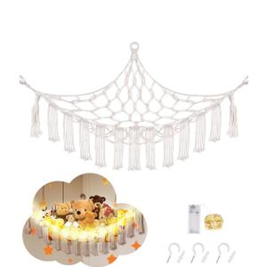 Stuffed Animal Hammock with LED Light, Large Stuffed Animals Storage Corner Plushie Net for Kids Room Decor, Jumbo White