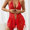 Sexy Lingerie for Women Lace Babydoll with Heart Print V Neck Nighty Mesh Sleepwear Front Slit Nightdress (Red, M)