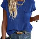 KIRUNDO Short Sleeve Sweater for Women Summer Crochet Tops (XL, Bright Blue)