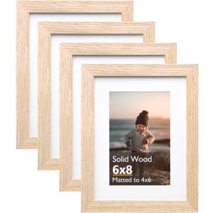 KINLINK 6x8 Picture Frame Natural, Solid Wood Frames with Acrylic Plexiglass for Pictures 4x6 with Mat or 6x8 without Mat, Tabletop and Wall Display Photo Frame, Set of 4