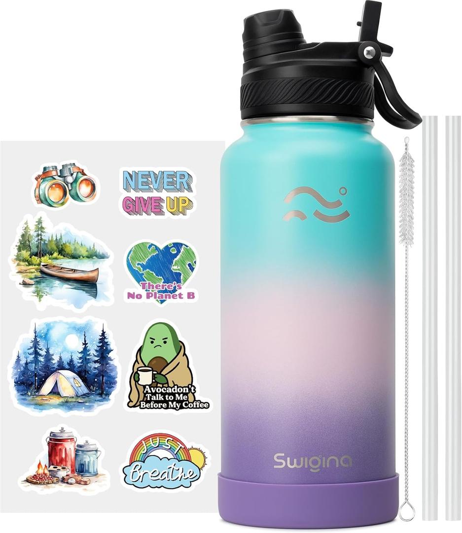 [2-IN-1 LID] Insulated Water Bottle with Silicone Boot (36hrs Cold/18hrs Hot) - DIY Stickers, Leakproof, BPA Free, 32 oz (Hydrangea)