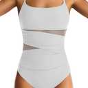 One Piece Swimsuit for Women Tummy Control Mesh Bathing Suits Sexy Push Up Swimsuits Slimming Square Neck Swimwear (White, M)