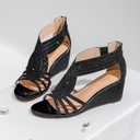 Women Wedge Sandals Sparkly Rhinestone Open Toe Fashion Dressy Sandals Evening Wedding Prom Shoes (Black, S)