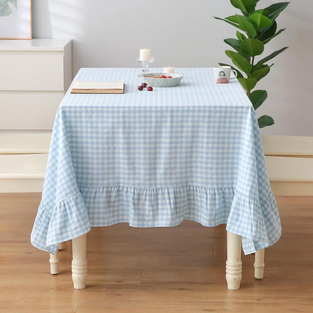100% Cotton Light Blue White Plaid Gingham Ruffled Table Cloth Rectangular 120x60 in Buffet Cottage Coquette Checker Vintage Decorative Tablecloth(Light Blue/White Plaid, 120x60 inches)