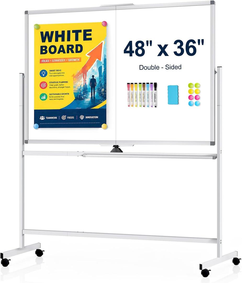 48" X 36" Large Rolling Whiteboard, 360°Rotation Magneitic White Board with Stand, Double Sides Whiteboard Easel on Wheels, Big Dry Erase Board for Office, School, Home