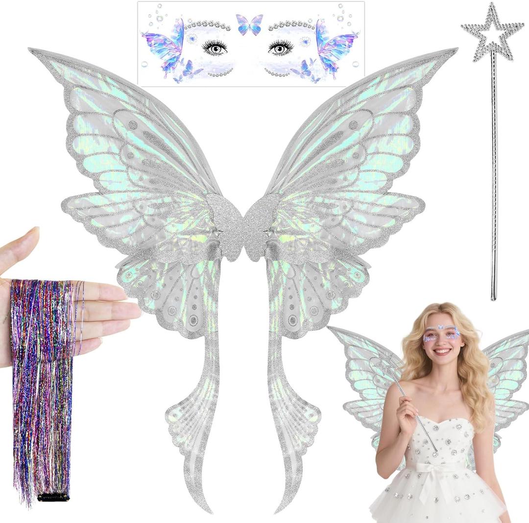 Fairy Wings Adult Women - Butterfly Wings Fairy Costume for Woman, Fairy Accessories Halloween Cosplay (1a-silver)
