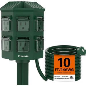 Outdoor Power Strip Waterproof, 10 FT Extension Cord, 6 Grounded Outlets for Christmas Decorations and Inflatables, 15A/1875W, ETL Listed