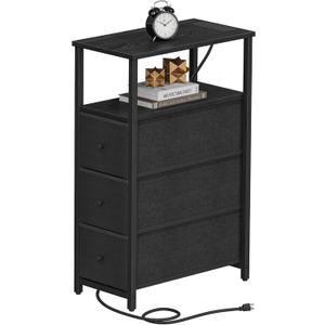 TUTOTAK Narrow Night Stand with Charging Station, Slim End Table with Plugins, Tall Side Table with 3 Fabric Drawers, Small Bedside Table with Storage, Living Room, Bedroom, Black TB01BK086 (1 Pack (7.8"D x 15.8"W x 25.5"H))