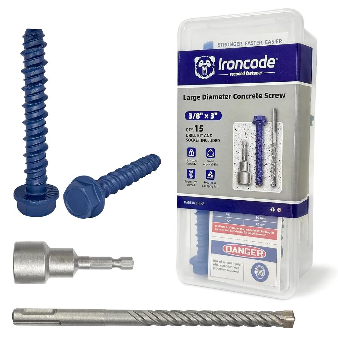3/8 x 3 Heavy-Duty Hex Head Concrete Anchors, 15 PCS, Corrosion Resistant Blue Climaseal Coating, Outdoor Rated Use, Concrete Block and Masonry Brick Screws