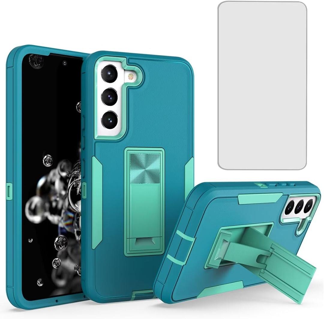 Case for Galaxy S22 Case, Samsung S22 5G SM-S901U Case with Tempered Glass Screen Protector, Hybrid Heavy Duty Magnetic Built-in Kickstand Protective Cover for Samsung Galaxy S22 5G Teal Mint
