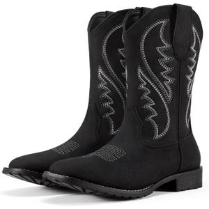 Rollda Cowboy Boots for Men Western Boots Men's Square Toe Chunky Heel Mid-Calf Boots Classic Embroidered Pull On Boots (8.5, Black)