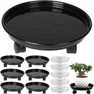 Circloophs 7 Packs Plastic Plant Caddy with Casters 12" Heavy-Duty Plant Dolly Rolling Plant Stand with Wheels for Moving Heavy and Large Plant Pot Saucers Plant Rollers Indoor and Outdoor, Black