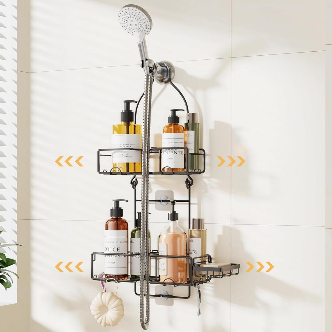 Yofidra Shower Caddy Hanging Adjustable Over the Shower Head Organizer Rustproof Bathroom Shelves with Soap Basket - Black