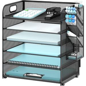 SUPEASY 6 Tier Desk Organizer with 4 Pen Holders, Mesh Paper Organizer Letter Tray with Handle, Desk Organizer Tray File Organizer for A4 File Folder, Black
