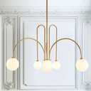Gold Sputnik Chandelier,6 Lights Large Modern Chandelier L40Mid Century Long Ceiling Pendant Light Fixtures for Dining Room with Milk Glass Globe Shades for High Ceiling Foyer Living Room
