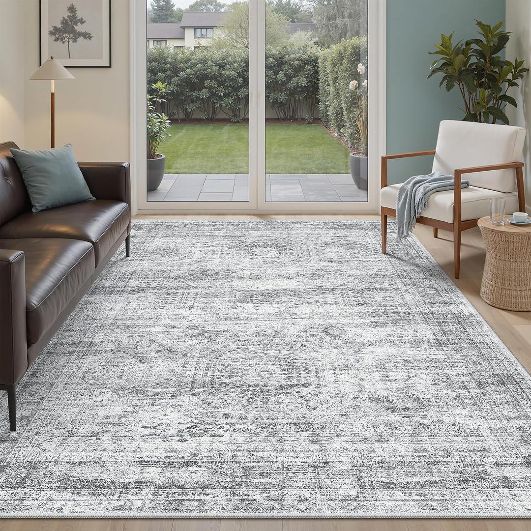 Soalmost 7x9 Area Rug for Living Room Washable Abstract Vintage Soft Thin Indoor Floor Non-Slip Carpet for Bedroom Dining Room Grey