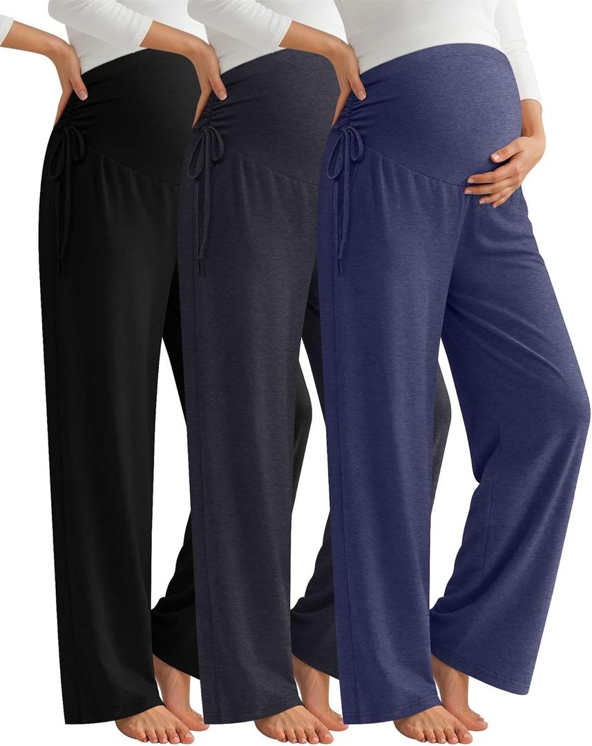 Neer 3 Pack Women's Maternity Pants Over The Belly Loose Pregnancy Pants Stretchy Lounge Wide Leg Trousers with Pockets (Large, Dark Blue, Dark Gray, Black)