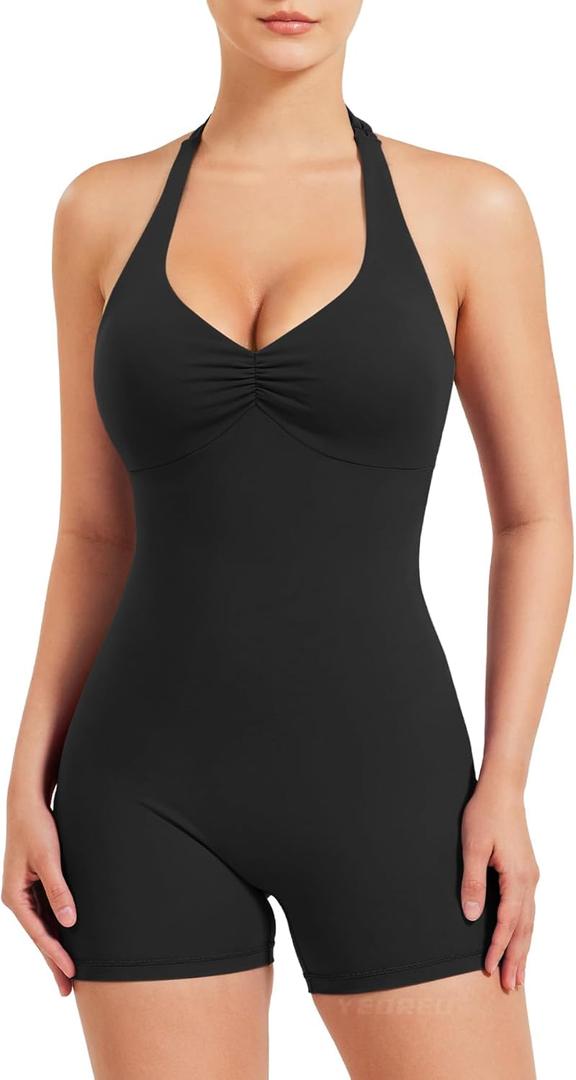 YEOREO Women Halter Workout Jumpsuits One Piece Backless Bodycon Bodysuits Hidden Scrunch V Back Yoga Joceline Short Romper (X-Small, Black)