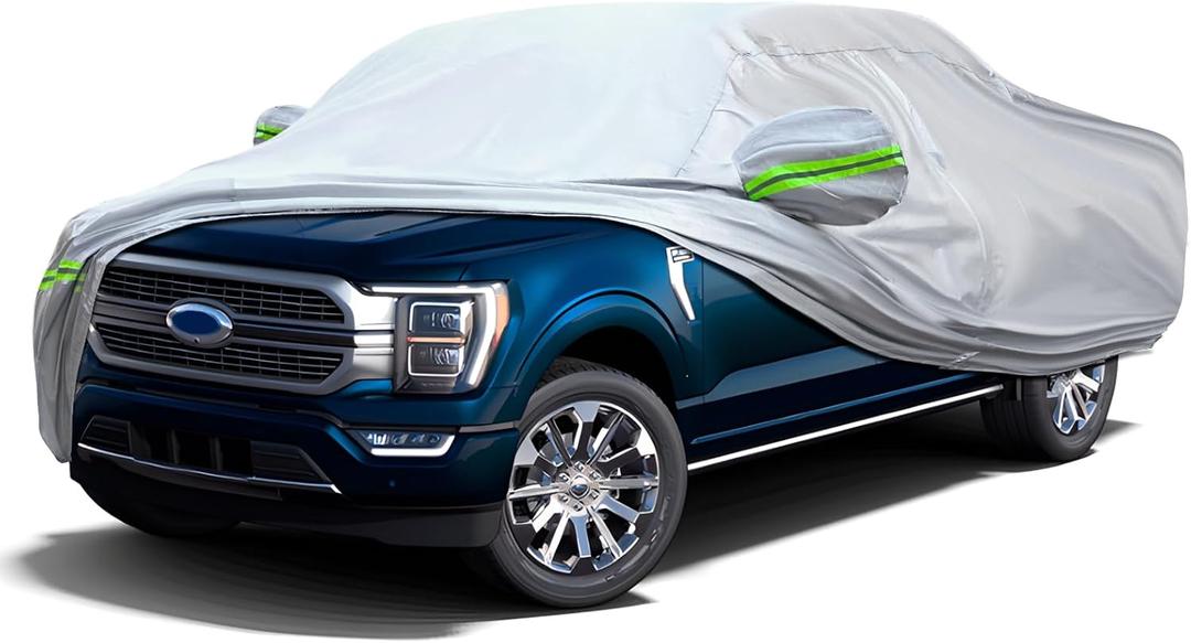 KEYOOG Truck Pickup Car Cover, 6-layer All-weather Waterproof, Heavy Outdoor Car Cover, Universal in All Seasons, Snow Protection, Acid Rainproof, Sunscreen, UV Protection, length Up to 220 "- Silvery (Green reflective strip)