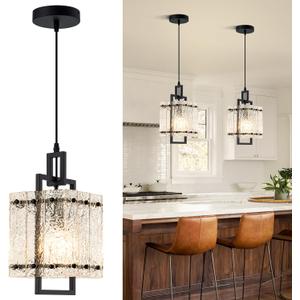 Black Glass Pendant Lights Kitchen Island, Modern Pendant Light Fixtures with Water Ripple Glass Square Pendant Lighting for Dining Room Kitchen Island