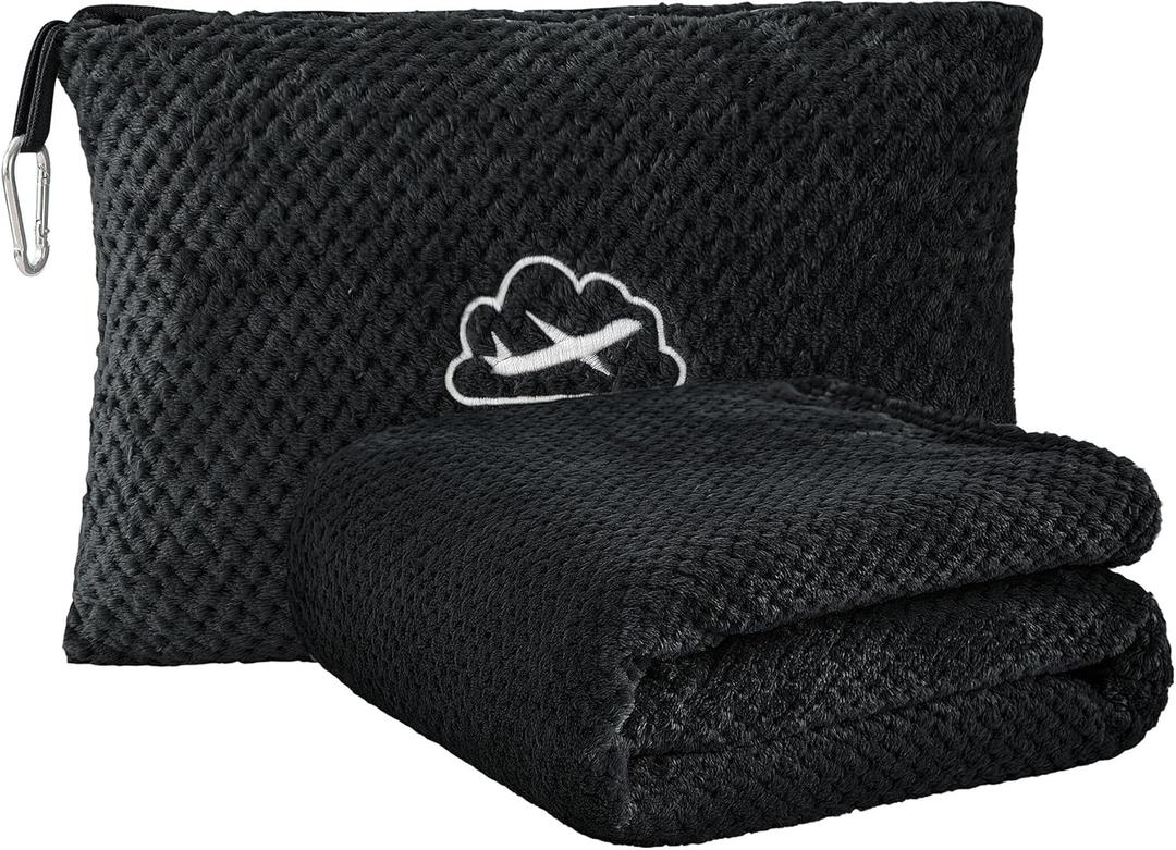 BEDELITE Travel Blanket and Pillow Set 2-in-1, Ultra-Soft Jacquard Fleece Blanket with Bag, Airplane Blanket with Luggage Sleeve & Backpack Clip Travel Essentials, Black (40"x65")