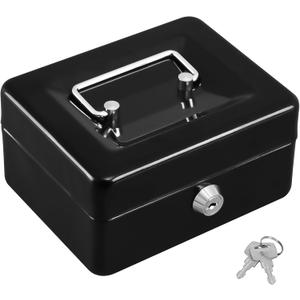 KYODOLED Cash Box with Key,Small Safe Lock Box with Portable Handle,Cash Drawer,5.91"x 4.72"x 3.15" Black, Small