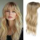 Hair Topper, Big Base 360° 3D Hair Toppers for Women with Thinning Crown, 20 Inch Long Curly Wavy Hair Pieces with French Part Clip in Bangs for Daily Use Parties