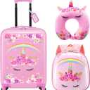 Sanwuta 4 Pcs Kids Luggage Set Carry On Rolling Suitcase Backpack Neck Pillow Travel Set Gift for Girls Boys Summer Camp(17 Inch,Unicorn Rainbow Style,Pink)
