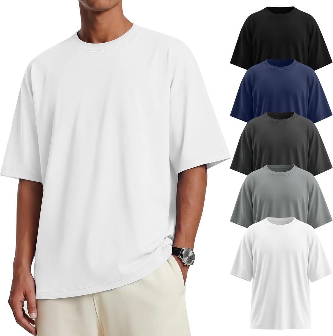 Neer 5 Pack Men's Oversized T-Shirts Loose Fit Gym Short Sleeves Drop Shoulder Tops Fashion Streetwear Workout Baggy Tees, Large (Black, Navy Blue, Charcoal Gray, Light Gray, White)