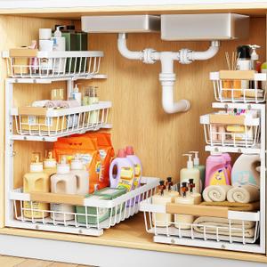 PXRACK Under Sink Organizer, 2-Pack 3-Tier Height Adjustable Thickened Metal Pull out Cabinet Organizer Shelf, Slide out Storage Drawer Rack for Bathroom Kitchen Pantry Home Organization, White