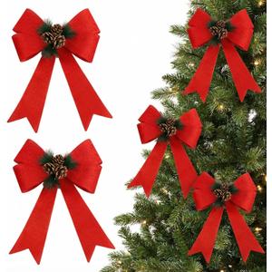 JOHOUSE 3PCS Large Christmas Velvet Bows with Pine Cones, 9x12 Inches Red Velvet Bow Christmas Bowknot with Pine Cone Red Berries for Xmas Party Tree Wreath Home Farmhouse Ornament Crafts DIY Decor